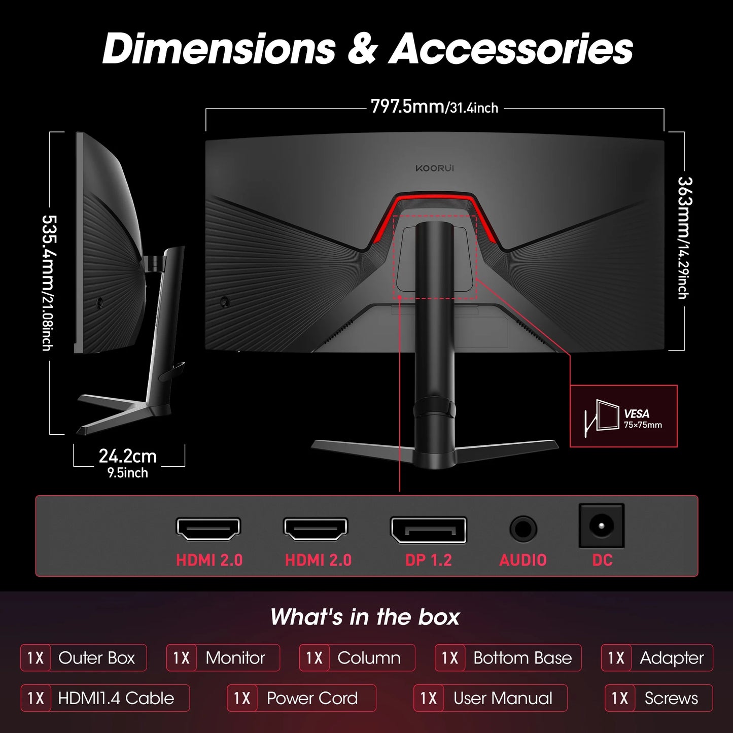 34'' WQHD Curved Gaming Monitor, 180Hz/165Hz Ultrawide Monitor, 3440×1440P 1Ms(Mprt) HDR400, Black