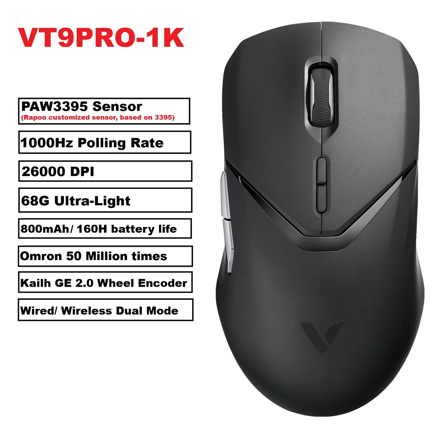 VT9PRO PAW3398 Wireless Gaming Mouse 26000DPI 68G Lightweight Wired Wireless Mouse 160H Super Long Battery Life