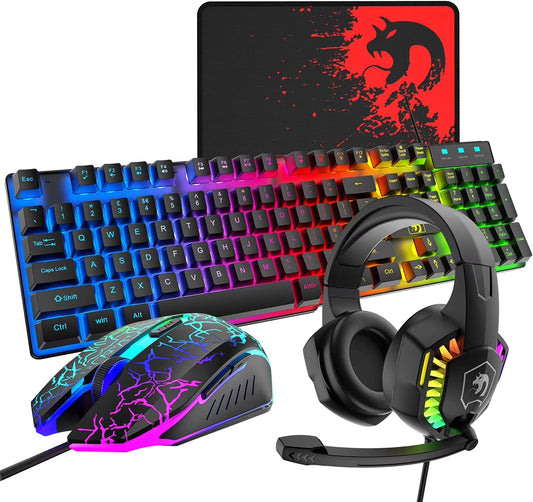 Wired Gaming Keyboard&Mouse Headset Combo,Rainbow over Ear Headphone with Mic,Mice Pad for Pc(Black)