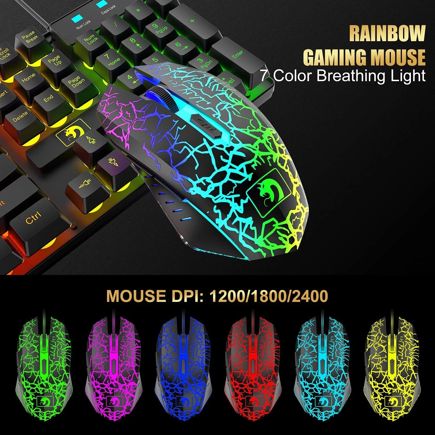 Wired Gaming Keyboard&Mouse Headset Combo,Rainbow over Ear Headphone with Mic,Mice Pad for Pc(Black)