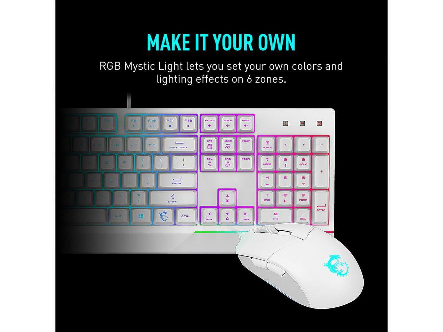 Vigor GK30 Combo White, 6-Zone RGB GK30 Gaming Keyboard & GM11 Gaming Mouse, Water Repellent & Splash-Proof, 5000 DPI