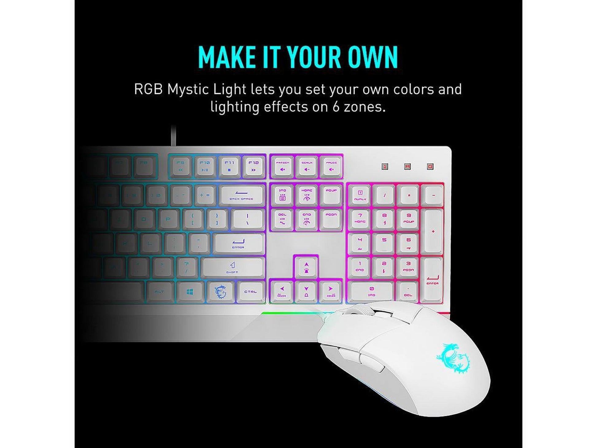 Vigor GK30 Combo White, 6-Zone RGB GK30 Gaming Keyboard & GM11 Gaming Mouse, Water Repellent & Splash-Proof, 5000 DPI