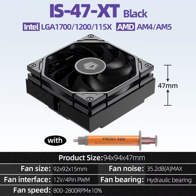 ID-COOLING IS-47 XT 4 Heatpipes CPU Processor Air Cooler 92Mm PWM Cooling Fan ITX Radiator for Intel LAG1700/1200/115X AM4/AM5