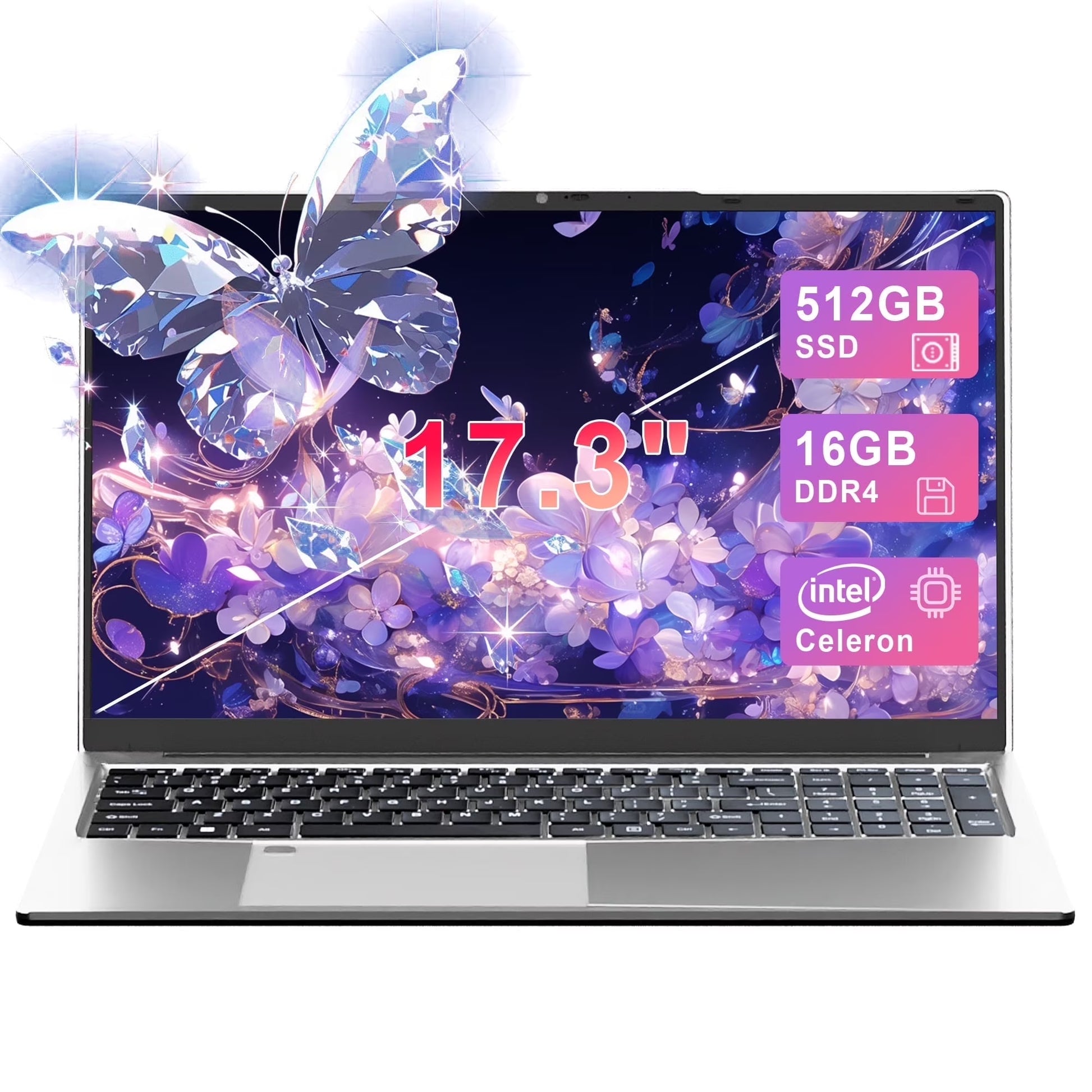 17.3" Windows 11 Pro Laptop 16GB RAM 512GB SSD with 4 Core Intel Celeron N5095, 1600X900 IPS Screen, Fingerprint, Backlit Keyboard