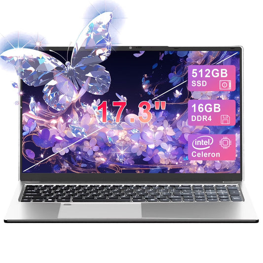 17.3" Windows 11 Pro Laptop 16GB RAM 512GB SSD with 4 Core Intel Celeron N5095, 1600X900 IPS Screen, Fingerprint, Backlit Keyboard
