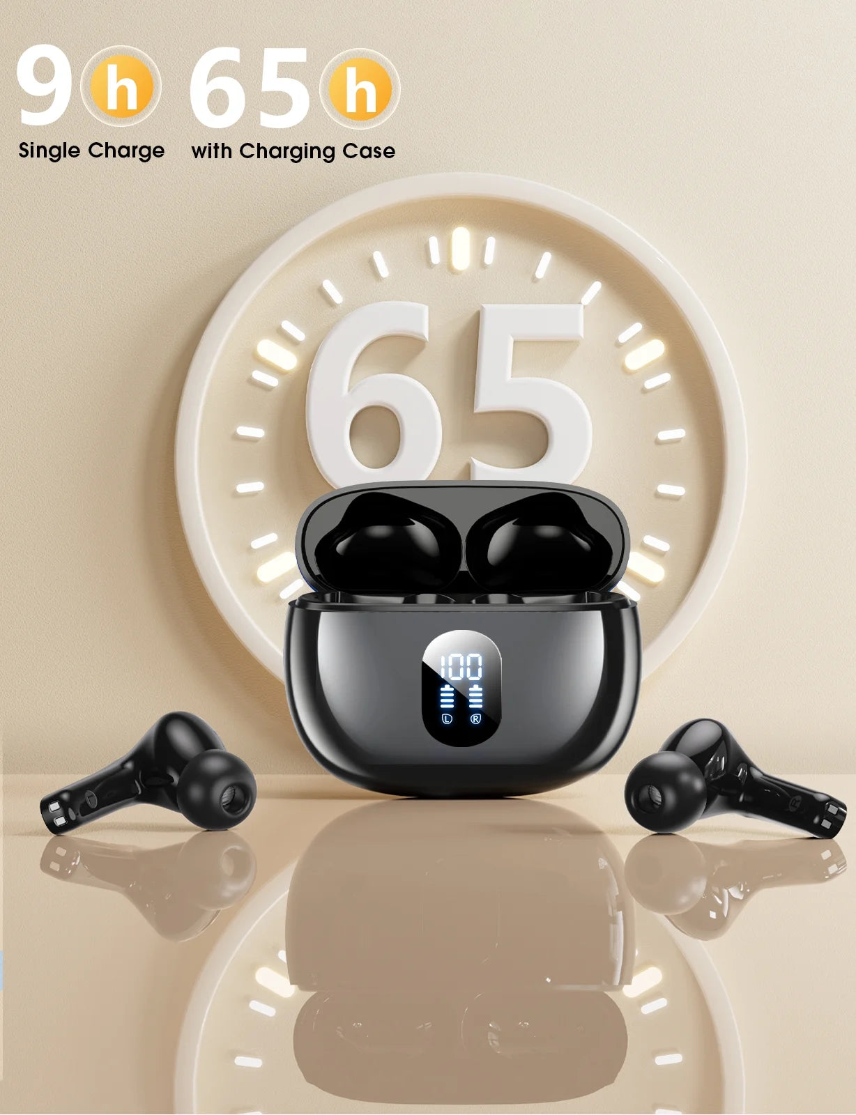 Wireless Earbuds, Bluetooth Ear Buds with Big Bass Stereo Sound, 65 Hours Playtime, Lightweight In-Ear Fit Earphones, IPX7, Hands-Free Calls with AI for Iphone, Android, Pad, Sports, Workout