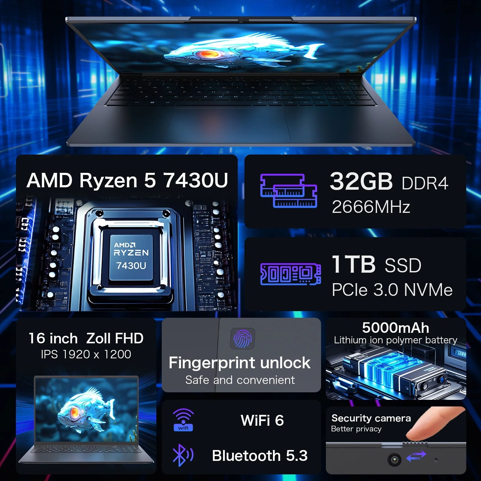 16" Business Laptop, Windows 11 Pro Computer, AMD Ryzen 7430U , 32GB RAM 1TB SSD, Backlit Keyboard, Fingerprint Unlock