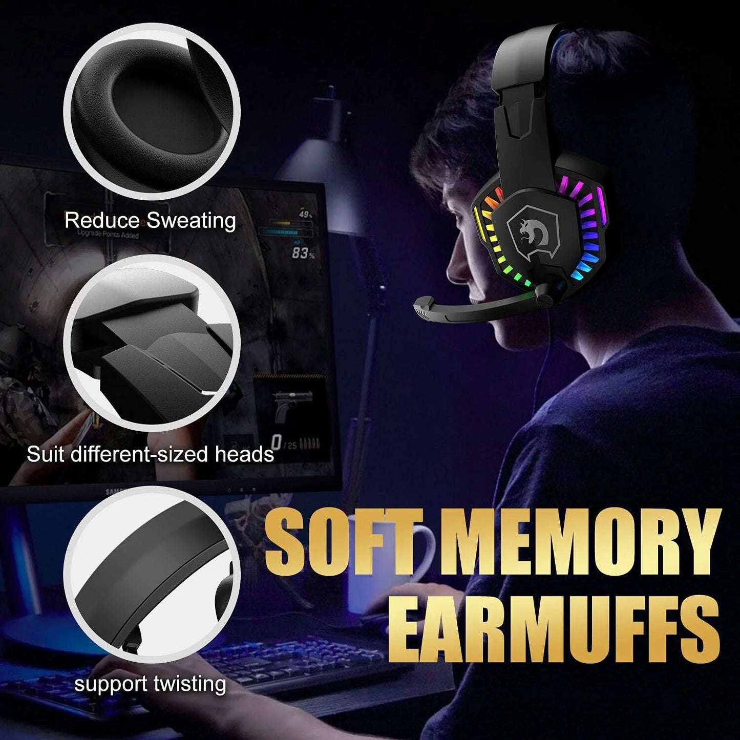 Wired Gaming Keyboard&Mouse Headset Combo,Rainbow over Ear Headphone with Mic,Mice Pad for Pc(Black)