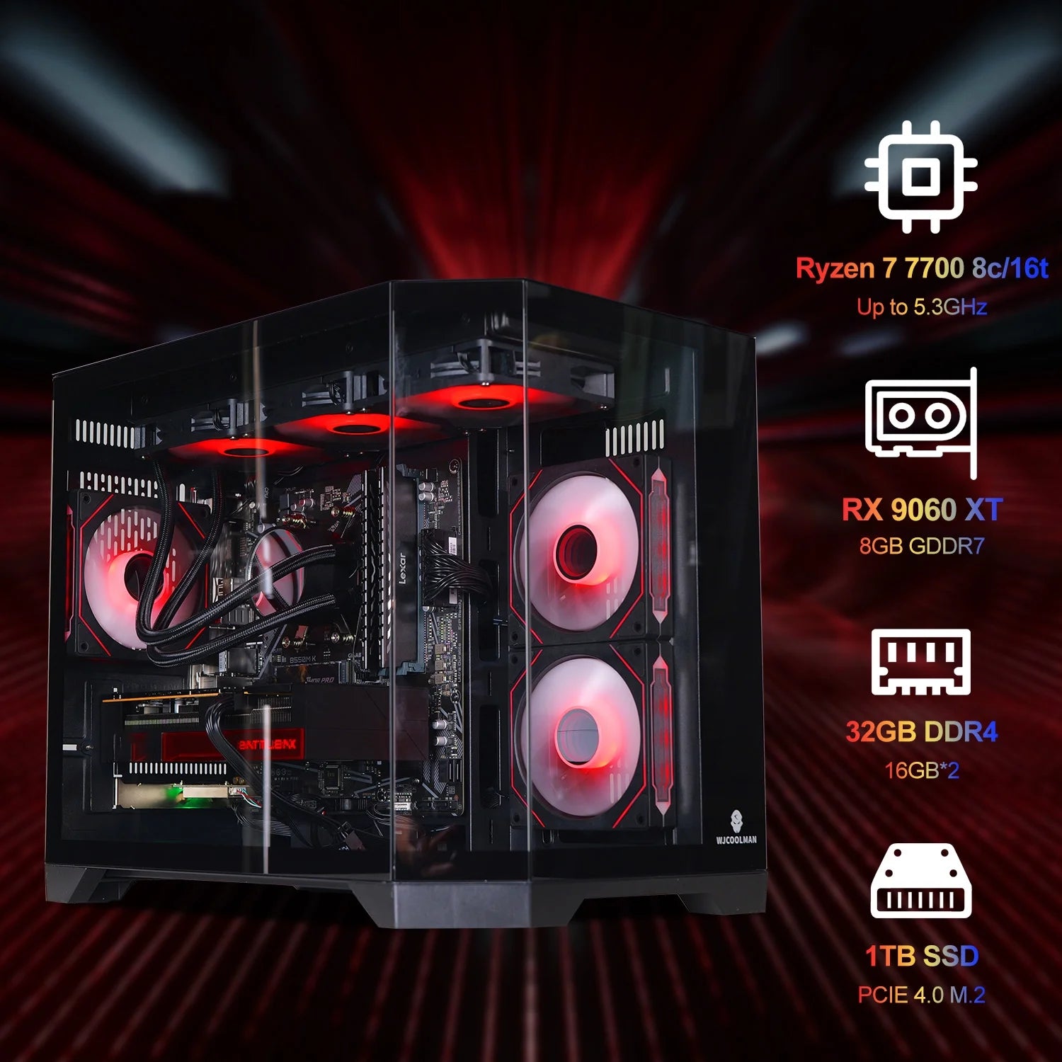 Gaming Desktop PC , Ryzen 7 7700,Radeon RX 9060XT 16GB ,32GB DDR5 1TB Nvme SSD, 650W PSU, Wi-Fi,Liquid Cooler,Argb Fans , Windows 11 ,Prebuilt Gaming Pc New Computer,Black