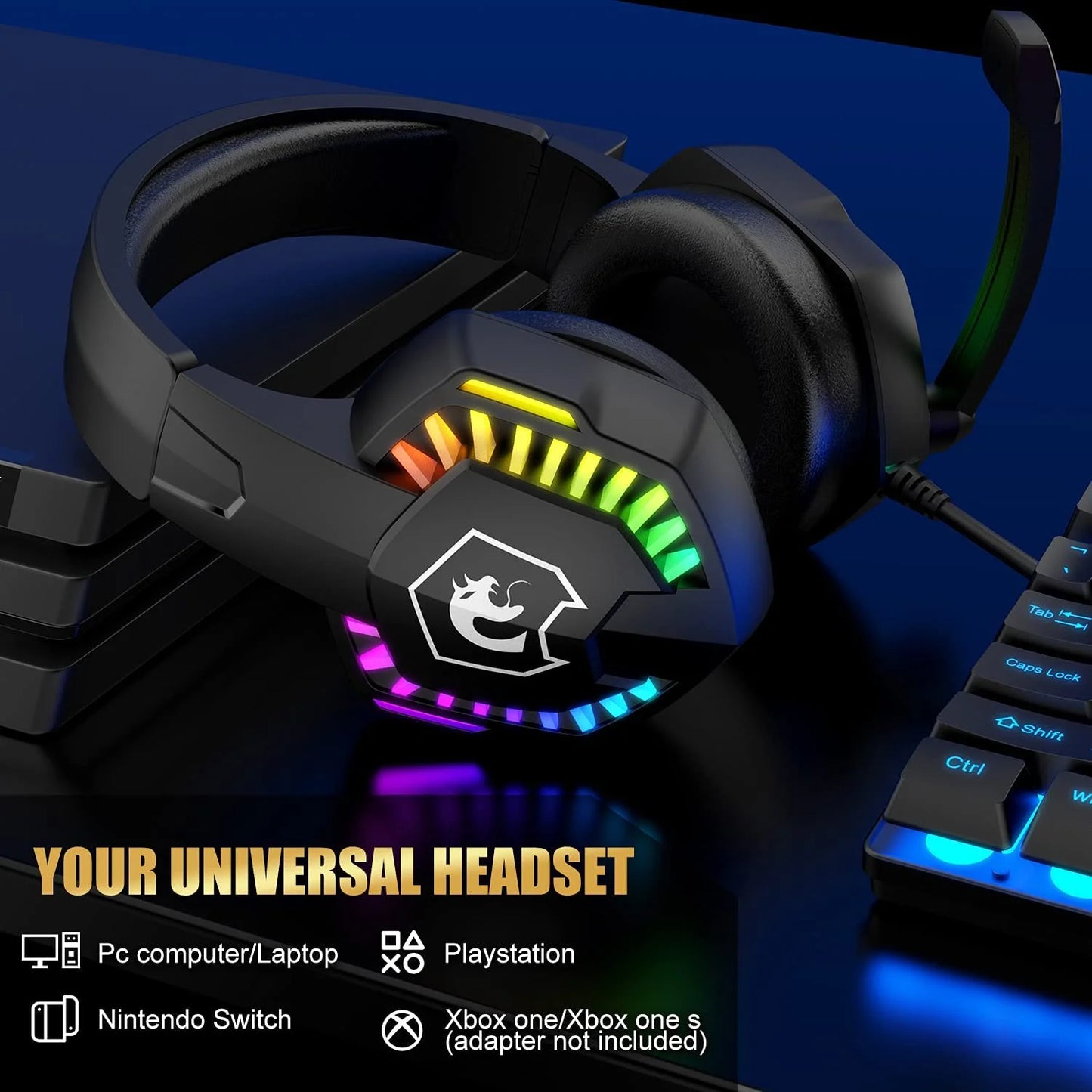 Wired Gaming Keyboard&Mouse Headset Combo,Rainbow over Ear Headphone with Mic,Mice Pad for Pc(Black)