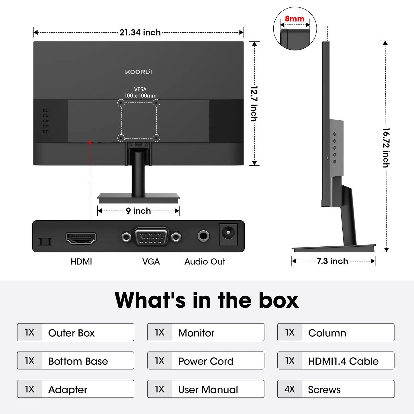 24'' FHD 1920×1080P Computer Monitor, 100Hz PC Monitor, HDMI&VGA VESA, E2412F