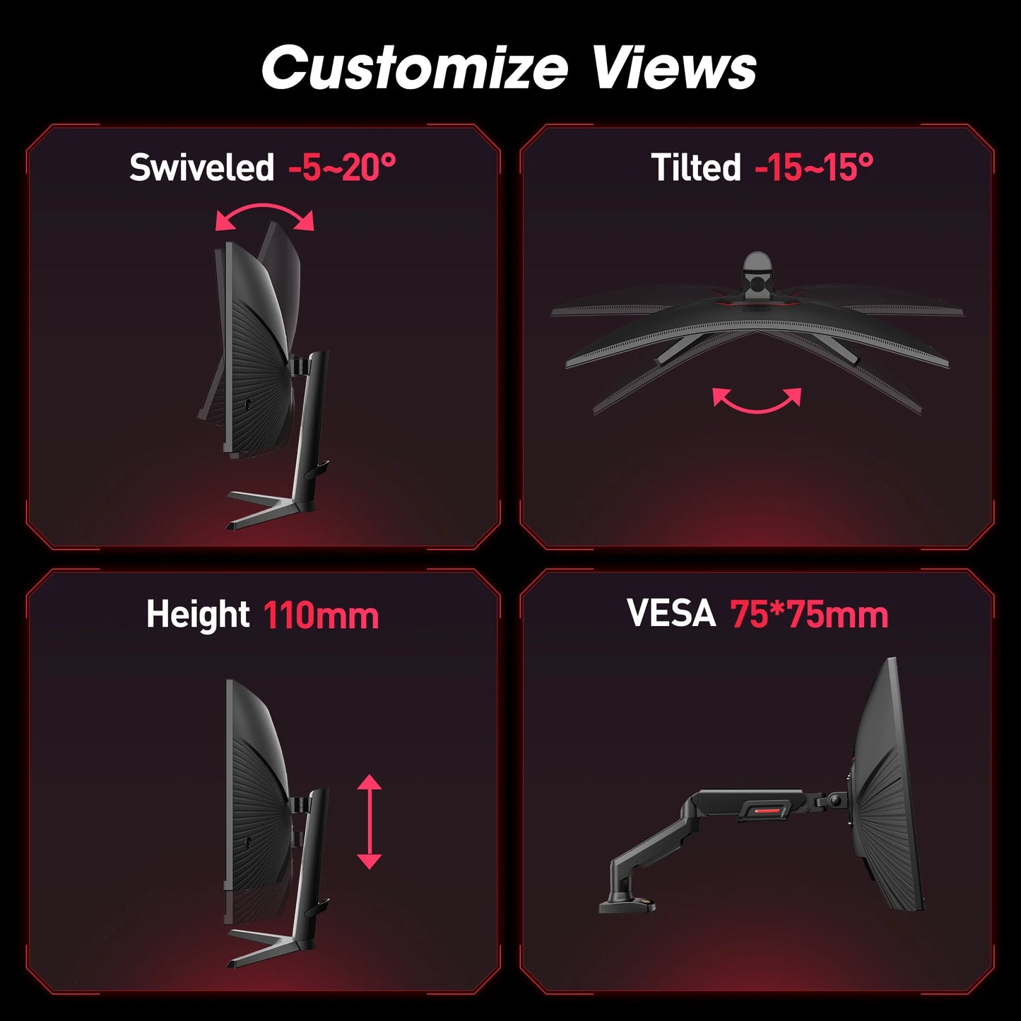 34'' WQHD Curved Gaming Monitor, 180Hz/165Hz Ultrawide Monitor, 3440×1440P 1Ms(Mprt) HDR400, Black