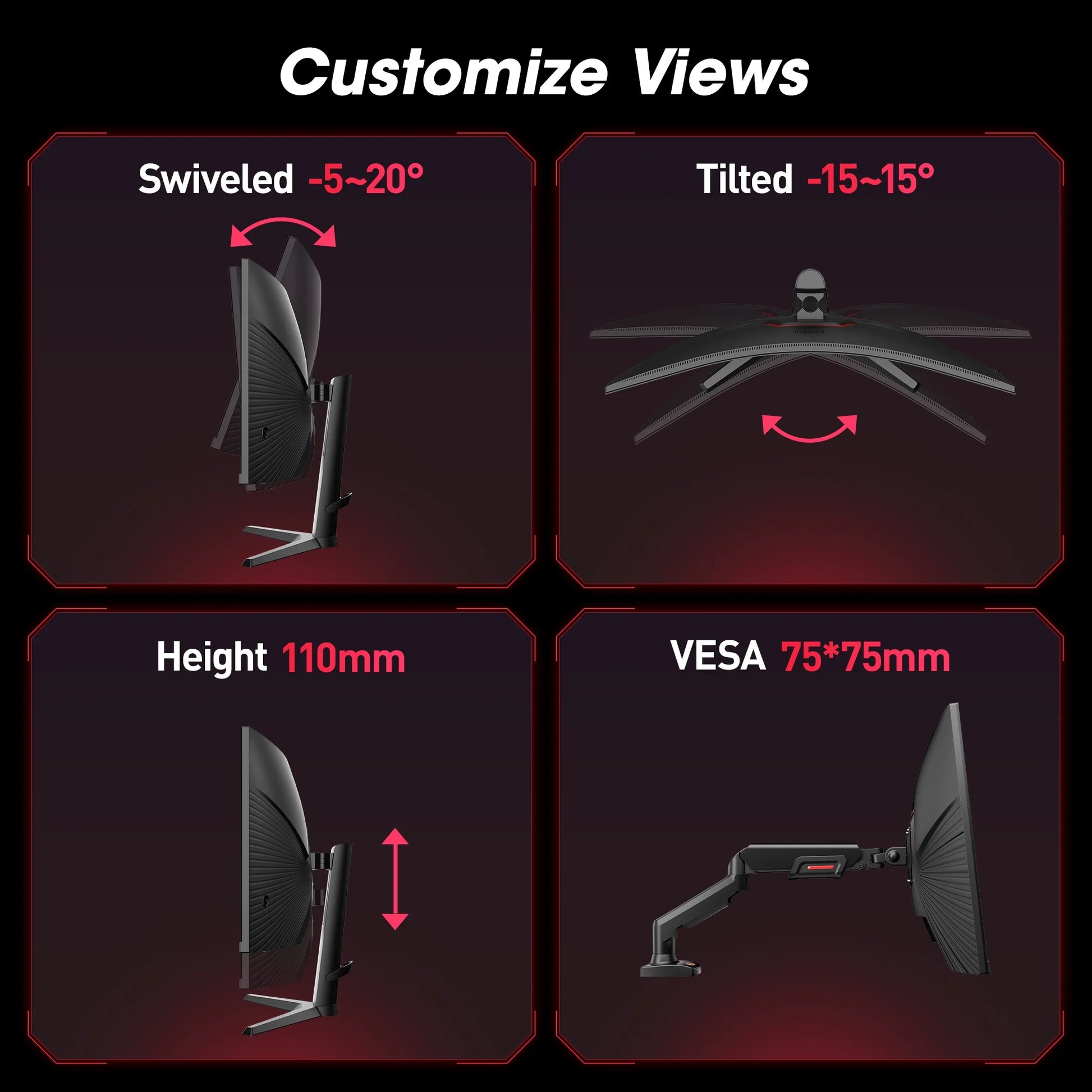 34'' WQHD Curved Gaming Monitor, 180Hz/165Hz Ultrawide Monitor, 3440×1440P 1Ms(Mprt) HDR400, Black