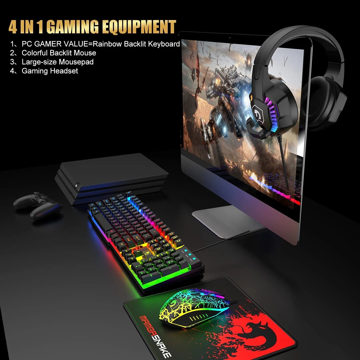 Wired Gaming Keyboard&Mouse Headset Combo,Rainbow over Ear Headphone with Mic,Mice Pad for Pc(Black)
