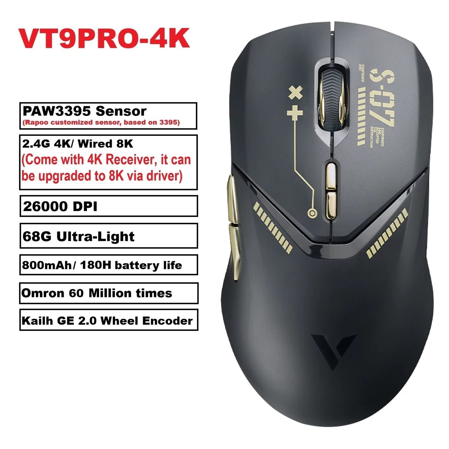 VT9PRO PAW3398 Wireless Gaming Mouse 26000DPI 68G Lightweight Wired Wireless Mouse 160H Super Long Battery Life