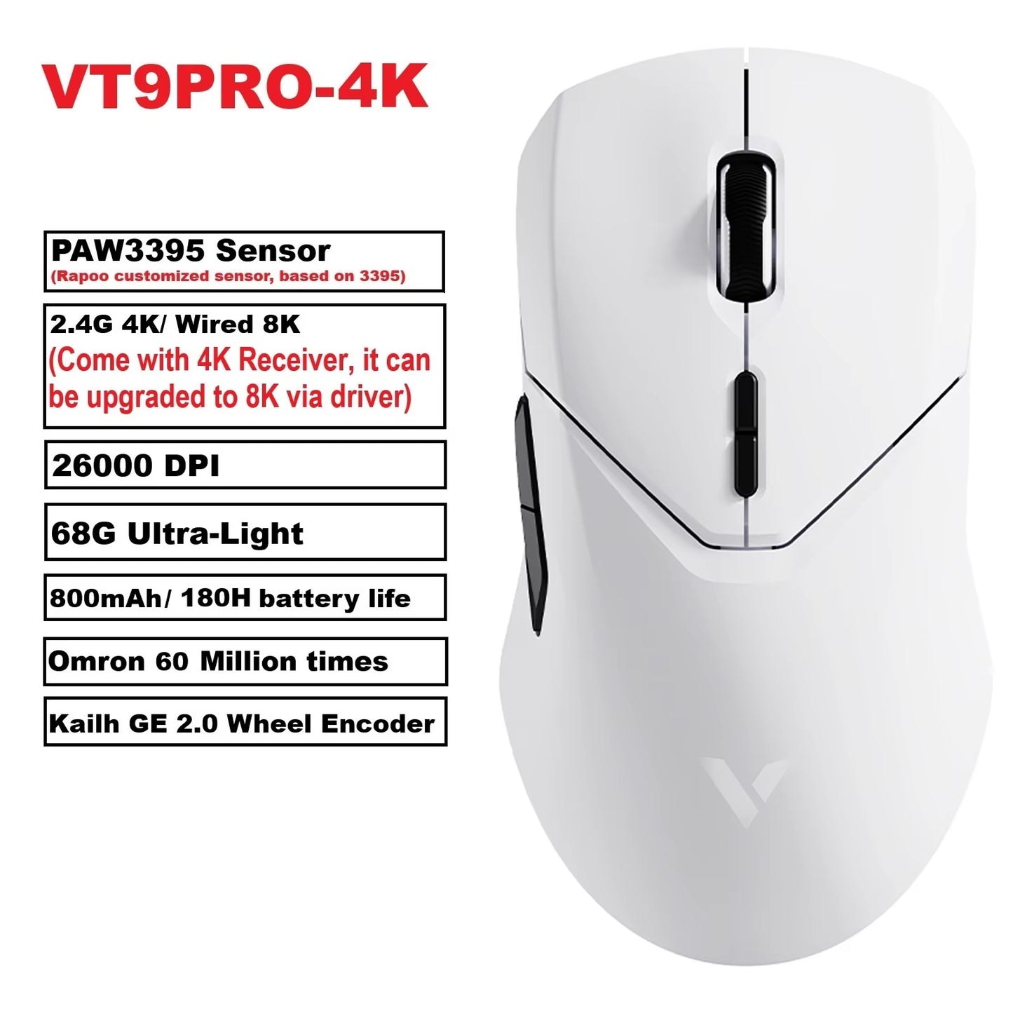 VT9PRO PAW3398 Wireless Gaming Mouse 26000DPI 68G Lightweight Wired Wireless Mouse 160H Super Long Battery Life