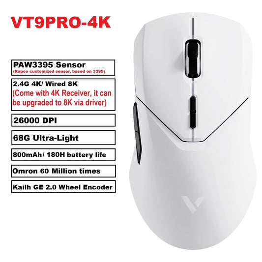 VT9PRO PAW3398 Wireless Gaming Mouse 26000DPI 68G Lightweight Wired Wireless Mouse 160H Super Long Battery Life