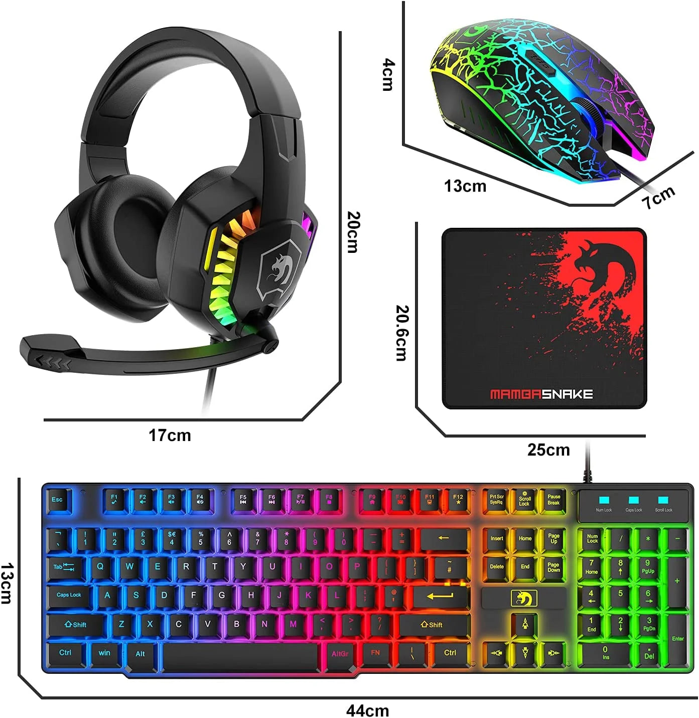 Wired Gaming Keyboard&Mouse Headset Combo,Rainbow over Ear Headphone with Mic,Mice Pad for Pc(Black)