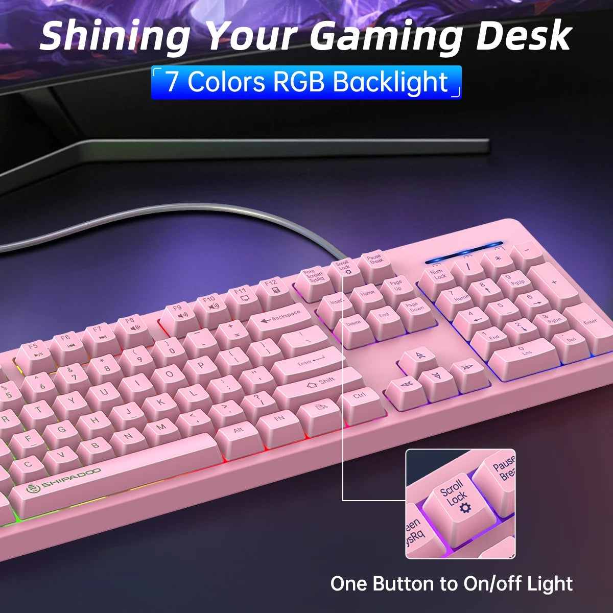 Gaming Keyboard and Mouse Combo, Rainbow LED Backlit Multimedia PC Gaming Keyboard, Office Keyboard Colorful Breathing Backlit Gaming Mouse for Working or Primer Gaming, Office Device,Pink