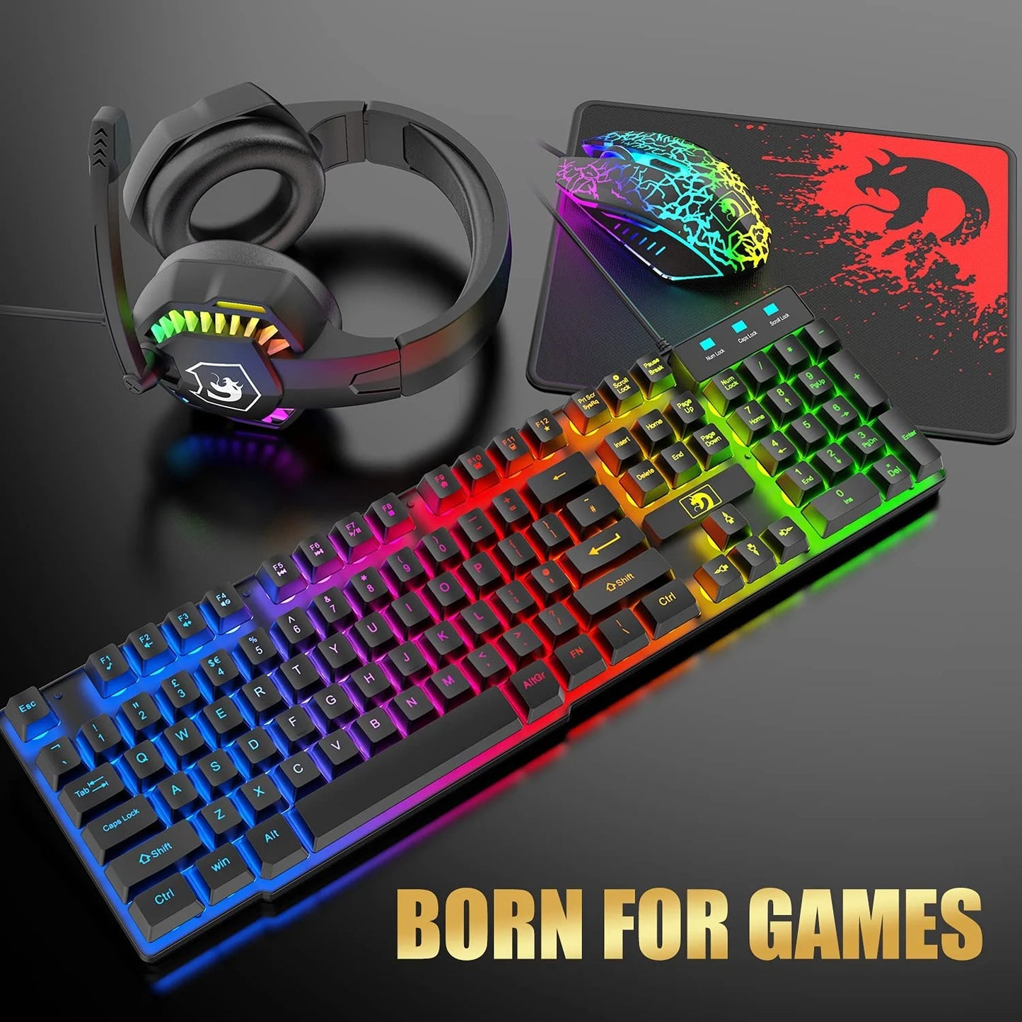 Wired Gaming Keyboard&Mouse Headset Combo,Rainbow over Ear Headphone with Mic,Mice Pad for Pc(Black)
